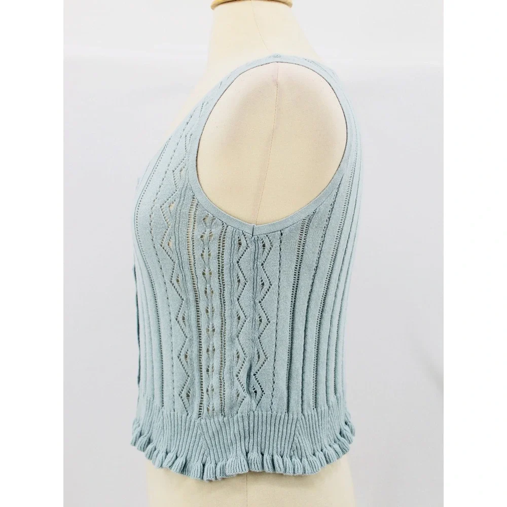 American Eagle Button Front Tank Top Size Medium Blue Knit Ruffle Hem - Picture 7 of 14
